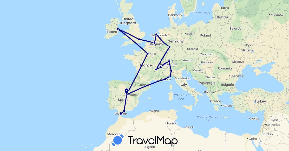 TravelMap itinerary: driving in Belgium, Switzerland, Germany, Spain, France, United Kingdom, Gibraltar, Ireland, Italy, Monaco, Netherlands (Europe)